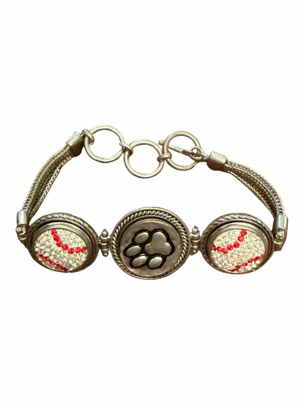 Baseball Paw Print Bracelet Silver Tone Softball Mom Dog Lover Adjustable Gift